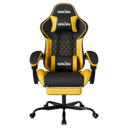 SUKIDA Gaming Stuhl mit Fußstütze, verstellbarer Rückenlehne, höhenverstellbar, Lendenwirbelstütze, Black/Yellow