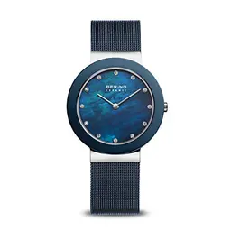 BERING Damen Armbanduhr 35 mm Edelstahl, blaues Zifferblatt, Milanaisearmband, Saphirglas, 5 ATM