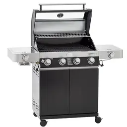 RÖSLE Gasgrill BBQ-Station VIDERO G4-S, Schwarz mit 4 Edelstahlbrennern, Primezone, Seitenbrenner, klappbare Tische