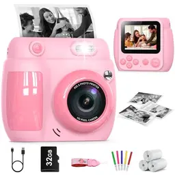 Gofunly Sofortbildkamera für Kinder, 2,4 Zoll Bildschirm, 1080P HD, mit 32GB Karte & Druckpapier, Geschenk für 3-12 Jahre (Rosa)