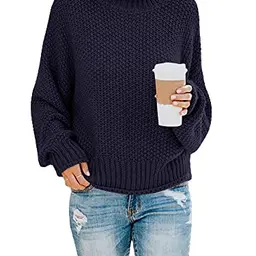 Saodimallsu Damen Oversized Rollkragen Pullover Langarm Grobstrick (Klein, Navy)