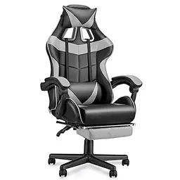 Soontrans Ergonomischer Gaming Stuhl mit Fußstütze und Kopfstütze, verstellbare Rückenlehne, bis 150 kg, für Gaming und Livestreaming (Grau)