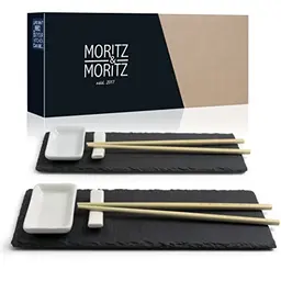 Moritz & Moritz 10-tlg. Sushi Platte aus Schiefer mit Dipschalen für 2 Personen - 30x10 cm