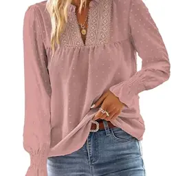 TUUHAW Damen Boho Langarm Bluse Tunika Elegant V-Ausschnitt Rosa