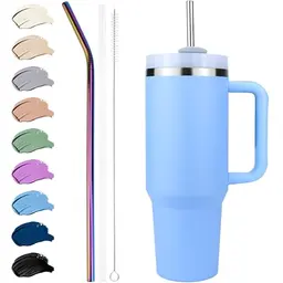 Disoza Thermobecher 1,2 L mit Deckel, Strohhalm, Henkel – Hellblau, Edelstahl, To Go Kaffee- und Wasserflasche