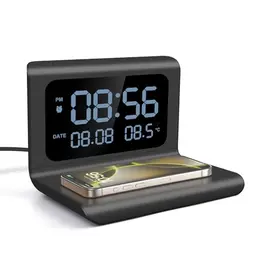 PDKUAI Digitaler Wecker mit Ladestation und großer LED-Anzeige, Faltbare Nachttischuhr mit 15W Wireless Charging (Schwarz)