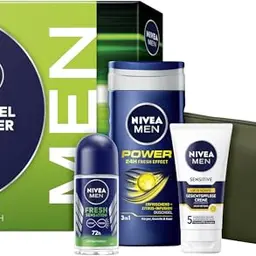 NIVEA MEN Travel Power Geschenkset – Praktisches Pflegeset für unterwegs mit Duschgel, Deo, Gesichtspflege und Kulturtasche