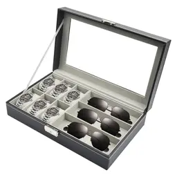 ADERTOS Uhrenbox für 6 Uhren, schwarzer Uhrenkoffer mit Glasdeckel, herausnehmbare Samt-Uhrenkissen & Brillenhalter