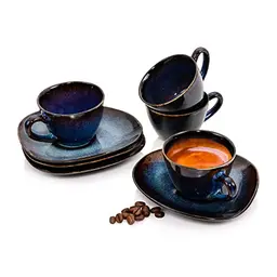 Sänger Espressotassen Set Tokio, 8-tlg. für 4 Personen, Spülmaschinenfeste Steingut-Tassen in Blau-Schwarz mit braunen Akzenten