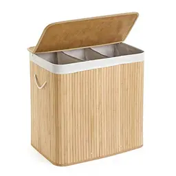 Mondeer Wäschekorb mit Deckel, 150L Wäschesammler aus Bambus, 3 Fächer, waschbares Futter, für Waschküche & Schlafzimmer