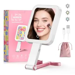 Beleuchteter Kosmetikspiegel mit Touchscreen, tragbar & faltbar, 3 Farblichter, dimmbar, ideal für Reisen