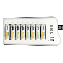 EBL Akku Ladegerät mit 8 AA 2800mAh Akkus - 2 USB Ports, Multischutz, LED Anzeige