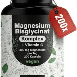 Hochdosierter Magnesium Komplex – 200 Kapseln mit Vitamin C, vegan, in Deutschland hergestellt
