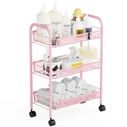 WELDUN Rollwagen mit 3 Ebenen – Metall Regal auf Rollen für Küche, Badezimmer, Schlafzimmer, Büro – Pink