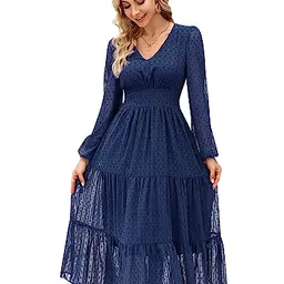 KOJOOIN Damen Abendkleid Elegant V-Ausschnitt Langarm Navy Blau XL