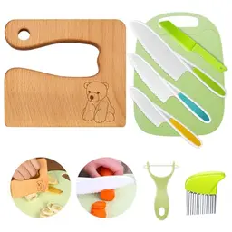 8-teiliges Kindermesser-Set für Obst und Gemüse, inkl. Holzmesser, Schneidebrett und Schäler