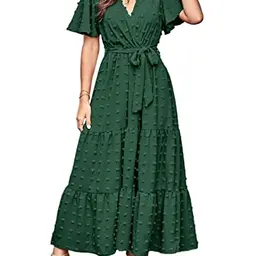 Yageshark Damen Sommerkleid Lang Boho Kurzarm V-Ausschnitt Strandkleid mit Gürtel einfarbig 2023