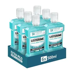 LISTERINE Cool Mint Mild 6 x 500 ml - antibakterielle Mundspülung ohne Alkohol für optimale Zahnpflege