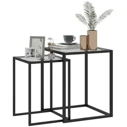 HOMCOM 2er Set Beistelltisch, stapelbar, modern, schwarzer Nachttisch/Couchtisch mit Glasplatte für Wohnzimmer/Schlafzimmer