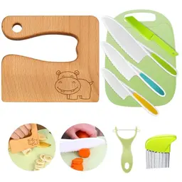 8-teiliges Kindermesser-Set für Obst und Gemüse, inklusive Holzmesser, Schneidebrett und Schäler (Nilpferd)