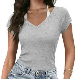 Gyabnw Damen Baumwoll-T-Shirt mit V-Ausschnitt