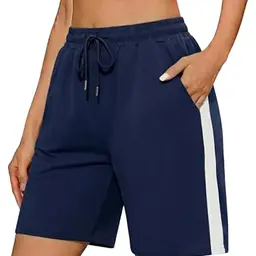 Aseniza Damen Shorts, Sporthose, Bermudas, Hohe Taille, Kordelzug, Taschen, ideal für Yoga, Wandern, Laufen, Alltag, Spaziergänge, Outdoor, Dunkelblau, S