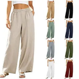 Awrvia Damen Leinenhose Sommer Elegante luftige Palazzo Stoffhose mit Taschen