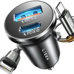 LISEN 54W USB C Zigarettenanzünder mit PD & QC3.0, 12V Auto-Ladegerät mit Kabel für iPhone, iPad und mehr