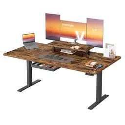VASAGLE Höhenverstellbarer Schreibtisch mit Monitorständer und USB-C, vintagebraun
