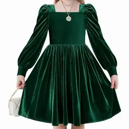 Arshiner Mädchen Samtkleid Elegant mit Quadratischem Kragen und Laternenärmel für Kinder 13-14 Jahre - Grün