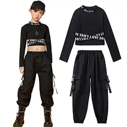 Mädchen Trainingsanzug Hip Hop 2-teilig, Crop Top & Cargohose, Street Dance Outfit, Frühling/Sommer, Schwarz, 152-158