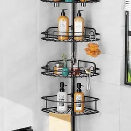 HAMITOR Teleskop Duschablage ohne Bohren – 4-stufiges, rutschfestes Duschregal für Shampoo und Seife, verstellbar von 121-314 cm, Schwarz