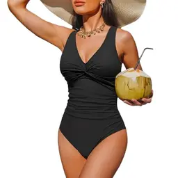 Damen Shaping Badeanzug mit Push-Up, V-Ausschnitt, Raffung, verstellbare Träger, Bauchweg, Monokini, Schwarz