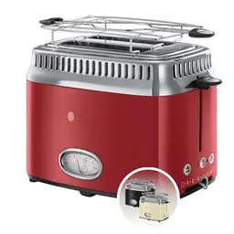 Russell Hobbs Retro Toaster für 2 Scheiben, Edelstahl Rot, mit Countdown-Anzeige, Brötchenaufsatz, 6 Bräunungsstufen