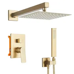 Einbau-Duschsystem mit Ventil, 20 cm quadratischer Regenduschkopf, Handbrause, gebürstet goldfarben, Wandmontage