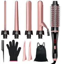 Thermisches Lockenbürsten-Set 5 in 1 mit 4 austauschbaren Keramikstäben, temperaturregelbar, für alle Haartypen und Reisen