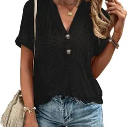 Tanmolo Damen Sommer T-Shirt, Kurzarm, V-Ausschnitt, Locker Top, Schwarz, XXL