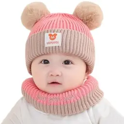 2er Set Kinder Winter-Mütze mit Schal - Weiche Bommelmütze & Halswärmer für 1-4 Jahre (Rosa)