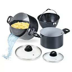 Genius Cerafit Magic Pot Kochtopf-Set 6tlg. 20cm & 24cm - inklusive Siebeinsatz und Glasdeckel - Schwarz