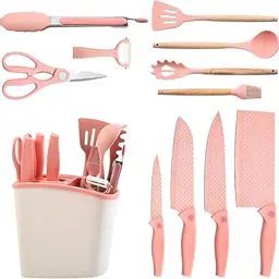 12-in-1 Küchenutensilien Set mit Silikonlöffeln und Holzgriff - Rosa