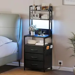 Nachttisch mit Ladefunktion & LED, 3 Schubladen, Bücherregal, 2 AC- und 1 USB-Anschlüssen, Schwarz