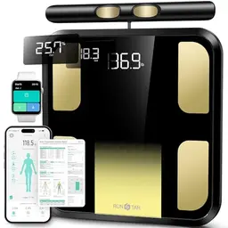 RunSTAR Körperfettwaage, digitale Personenwaage mit 8 Elektroden, Analyse von Körpergewicht, Körperfett, BMI, Muskelmasse & 28 Maßen, App, 180kg
