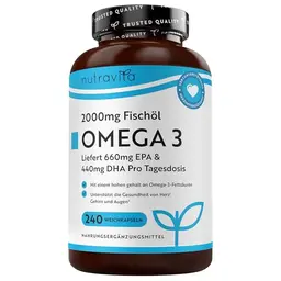 Nutravita Omega 3 Kapseln hochdosiert – 2000mg Fischöl für Herz, Gehirn und Augen – 240 Weichkapseln für 4 Monate