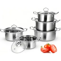 10-teiliges Induktions-Topfset aus Edelstahl mit Glasdeckel und Stielkasserolle