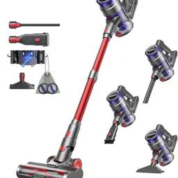 VACTechPro Kabelloser Akku Staubsauger 600W, 1.6L, 70 Min Laufzeit, Leise mit Anti-Tangle Bürste für Hartböden, Dunkelrot