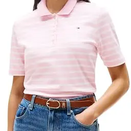 Tommy Hilfiger Damen Poloshirt Kurzarm 1985, Mehrfarbig (Pink/Ecru), S