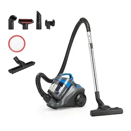 Amazon Basics Kompakter Bodenstaubsauger ohne Beutel 1.7L, HEPA-Filter, 850W, für Teppich und Hartböden, Schwarz & Blau