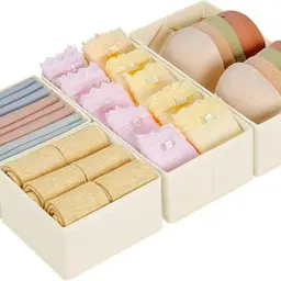 Homsorout Kleiderschrank Organizer - 4er Set Faltbare Stoffboxen für Kleidung, Socken, BHs, Beige