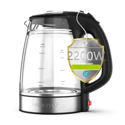 Wasserkocher 1,7L Doppelwandig aus Glas, BPA-frei, Edelstahl, kabellos, leise, mit Warmhaltefunktion und Kalkfilter - Schwarz