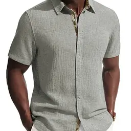PJ PAUL JONES Herren Leinenhemd Kurzarm Sommer Casual Button Down Grau-Grün S